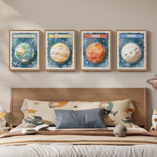 Framed Space Wall Art for Kids Room Decor, Space Themed Canvas Prints for Bedroom Decor, Solar System Astronomy Planet Moon Earth Pictures for Boys Girls Nursery Playroom Bathroom Wall Decor, 11x14 In - color: Blue, size: 11"W x 14"H x 4Pcs