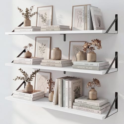 Fun Memories Long Wall Shelves for Bedroom, Set of 3 Large 40-Inch Floating Bookshelves, Rustic Wood Display Shelf for Home and Office (White) - color: White, size: 40"W x 8"D