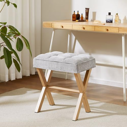 Royal Windsor Vanity Stool,Square Ottoman Stool Foot Rest,Upholstered Vanity Chair Foot Stool with Metal X Legs, Small Vanity Seat for Entryway,Bedroom and Living Room,Light Grey+Yellow - color: 12.6"d Light Grey+yellow