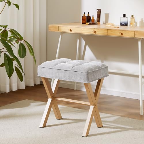 Royal Windsor Vanity Stool,Square Ottoman Stool Foot Rest,Upholstered Vanity Chair Foot Stool with Metal X Legs, Small Vanity Seat for Entryway,Bedroom and Living Room,Light Grey+Yellow - color: 12.6"d Light Grey+yellow