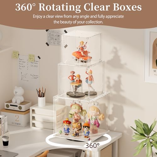 Rotating Acrylic Display Case for Figures - 3 Tier Stackable Storage Bins with Magnetic Door,Acrylic Boxes for Display, Clear Storage Box for Collectibles Cosmetic Perfume Organizer，Home Or Office