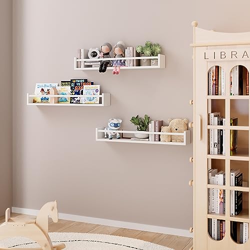 Fixwal Nursery Book Shelves, 23.6 Inch Floating Bookshelf for Wall, Set of 3, Nursery Decor, Solid Wood Wall Mounted Shelves for Books, Toys and Decor Storage (White) - color: White, size: 23.6inches