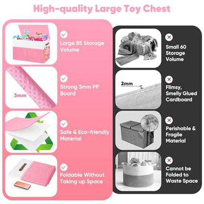 Mabahoo Large Toy Box, Collapsible Sturdy Storage Organize Chest Boxes With Lids, 25"x13"x16" Kids Toy Chest Bin Baskets for Living Room, Bedroom, Nursery, White & Pink - color: White and Pink
