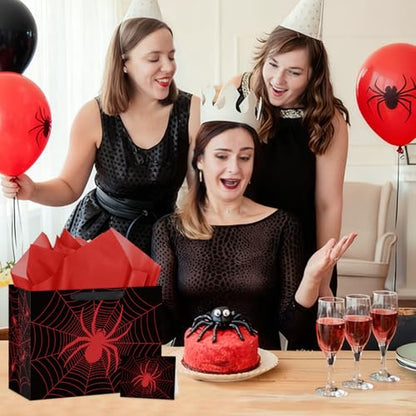 Hooqict Spider Gift Bag Birthday Gift Wrapping Bag with Handles, Tissue Paper, Greeting Card for Kids Boys Men Spider Web Birthday Party Favors Goodie Candy Treat Box - color: Black Spider