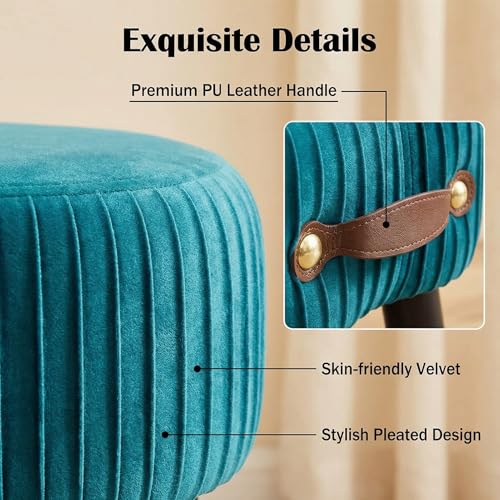 Foot Stools Small, Ottomon with Handle, Velvet Footrest Ottoman | Curved Foot Stool with Padded Seat Wooden Legs, Portable Foot Rest for Living Room, Bedroom, Entryway, (Peacock Blue) - color: Peacock Blue