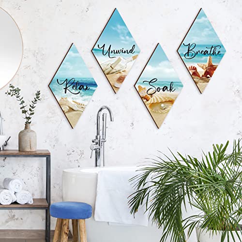 FairySandy 4 Pcs Boho Bathroom Wall Decor 11.8 x 6.69 Inch Bohemian Restroom Wall Art Bathroom Rustic Decoration Farmhouse Minimalist Relax Soak Unwind Breathe Sign for Bedroom Living Room Restroom - style: Sea