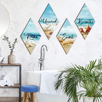 FairySandy 4 Pcs Boho Bathroom Wall Decor 11.8 x 6.69 Inch Bohemian Restroom Wall Art Bathroom Rustic Decoration Farmhouse Minimalist Relax Soak Unwind Breathe Sign for Bedroom Living Room Restroom - style: Sea
