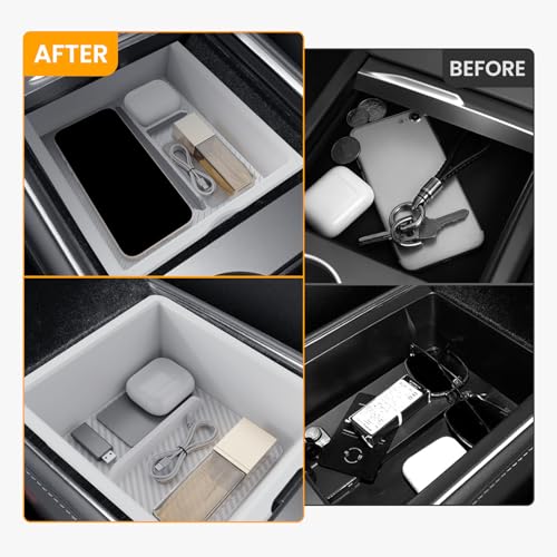BANKKY 2PCS Center Console Organizer for Tesla Model 3 Highland 2024-2026 & Model Y Juniper 2025-2026, White Armrest Storage Tray with Anti-Slip Liner, ABS Tesla Accessories - size: 2PCS (24-26) Model3 White