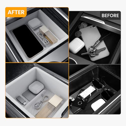 BANKKY 2PCS Center Console Organizer for Tesla Model 3 Highland 2024-2026 & Model Y Juniper 2025-2026, White Armrest Storage Tray with Anti-Slip Liner, ABS Tesla Accessories - size: 2PCS (24-26) Model3 White