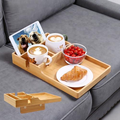 Nnewvante Couch Tray, 2-in-1 Insert & Flat Sofa Organizer Bamboo with 2 Cup Holders,Fits Seat Gaps or Ottomans,for Snacks, Drinks, Remotes,15.35x9.84-inch - color: Bamboo