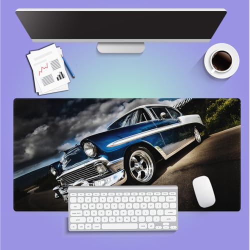 Large Gaming Mouse Pad (31.5" x 15.8") - Elegant Blue Classic Car Journeying on a Peaceful Road, Extra XXL Office Accessories, Premium Stitched Anti-Slip Office Desk Mat - color: Retro Old Car