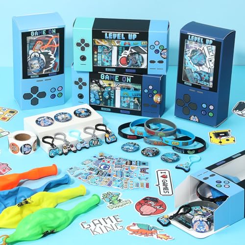 243 Pcs Video Game Party Favors for 24 Kids Gamer Goodie Bag Stuffers for Boys Gaming Birthday Party Supplies with Gift Boxes, VIP Pass, Balloons, Bracelets, Keychains, Badges, 3D Stickers - color: Blue