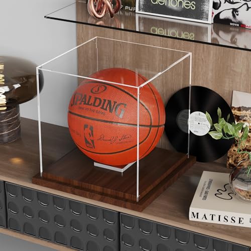 VGMiu Basketball Display Case with Wood Base, Clear Acrylic Basketball Case Display Box with Removable Built-in Ball Holder for Autographed Balls, Sports Collectibles, Memorabilia Displays - size: Basketball Case