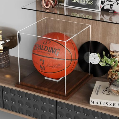 VGMiu Basketball Display Case with Wood Base, Clear Acrylic Basketball Case Display Box with Removable Built-in Ball Holder for Autographed Balls, Sports Collectibles, Memorabilia Displays - size: Basketball Case