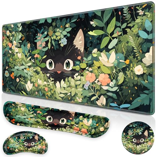 Canjoy Cute Black Cats Mouse Pad Set, 4-in-1 Kawaii Anime Mouse Pad + Keyboard Wrist Rest Support+ Coaster, (35.4×15.7 in) Extended Desk Pad Memory Foam Non-Slip Desk Mat for Home Office - color: Black Cats