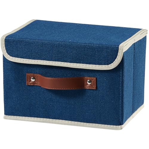 Storage Boxes with Lid Cotton Linen Fabric Storage Bins Organizer Container Decorative Collapsible Washable Shelf Baskets Faux Leather Handles for Home Bedroom Closet (Deep Blue, Small) - color: Deep Blue, size: Small (Set of 1)