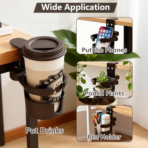 Desk Cup Holder Clip On 360° Rotating Clamp,Deeper Anti-Spill Drink Holders for Water Bottles & Coffee Mugs,Adjustable Clamp Fits Screw On Table for Drinks,Office,Gaming Desk,Home,Black - size: 3.62"L x 3.62"W x 3.5"H