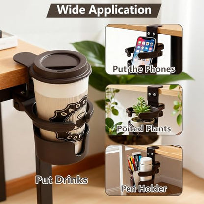 Desk Cup Holder Clip On 360° Rotating Clamp,Deeper Anti-Spill Drink Holders for Water Bottles & Coffee Mugs,Adjustable Clamp Fits Screw On Table for Drinks,Office,Gaming Desk,Home,Black - size: 3.62"L x 3.62"W x 3.5"H