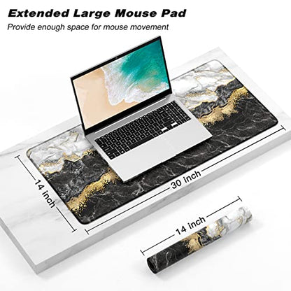 Extended Gaming Mouse Pad, XXL Large Mouse Mat 30 x 14 Inch, Big Computer Keyboard Mousepad, Waterproof Desk Pad with Stitched Edges and Non-Slip Base for Office Gaming, Black Cracked Marble - color: Black Cracked Marble