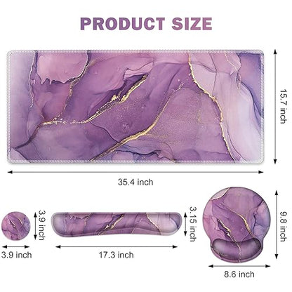 ToLuLu Desk Mat, XXL Large Mouse Pad Wrist Support Set，4 in1 Gaming Mousepad Desk Pad+ Ergonomic Mouse Pad with Wrist Rest + Keyboard Wrist Rest+Coaster for Women Home Office Computer, Purple Marble - color: Purple Marble