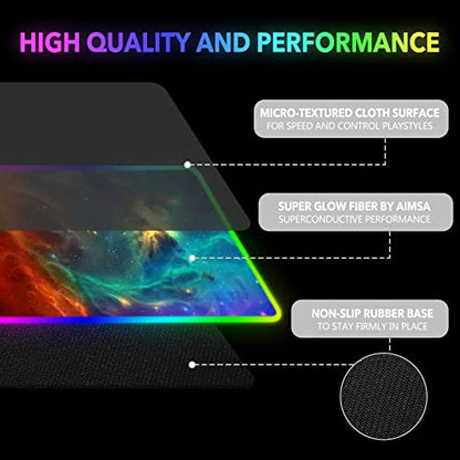 AIMSA Large RGB Gaming Mouse Pad, Keyboard Mousepad Led Extended 35.4 x 15.8 inch Non-Slip Rubber Base with 14 Lighting Modes, Big Desk Mat Waterproof, Galaxy Nebula - color: Galaxy Nebula