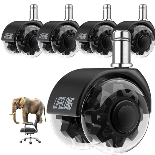Lifelong Office Chair Wheels Replacement Rubber Chair Casters for Hardwood Floors and Carpet, Set of 5, Heavy Duty Casters for Chairs to Replace Office Chair Mats - Fits 98% - color: Clear & Black, size: 2 Inch