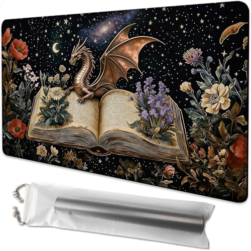 for MTG Playmat 24 x 14 Inches Dragon Flowers Spell Books Magic Play Mat Card Game Mat for Magic The Gathering TCG PTCG Playmat with Free Storage Bags Non-Slip Backing and Stitched Edge - color: Dragon Flowers Spell Books No With Zones