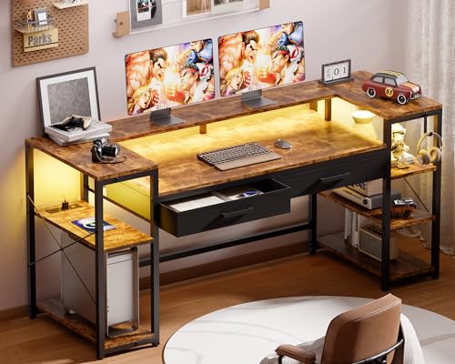 Pamray 58 Inch Computer Desk with Monitor Stand and Shelves Gaming Desk with LED Lights & Power Outlets PC Vanity Table with 2 Drawers for Home Office Vintage - color: Vintage