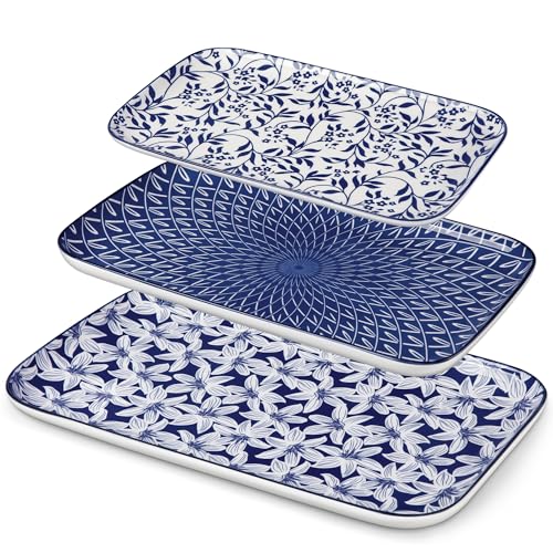 vancasso Porcelain Serving Trays for Party, Serving Platters Set of 3,Serving Dishes for Entertaining, Ceramic Party Trays and Platters for Serving Food, 16"/14"/12" Inch, Series SELENE - color: Vintage Blue A