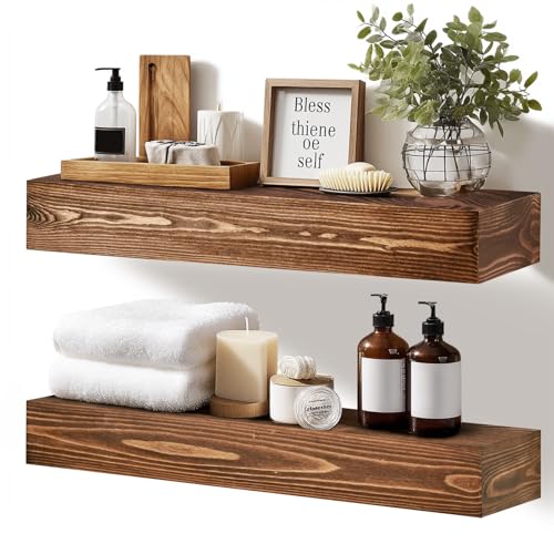 17x3x7 inch Floating Shelves Wall Mounted - Set of 2 Brown Rustic Solid Wood Wall Shelf - Heavy Duty Decorative Fireplace Mantel for Living Room, Bedroom, Bathroom, Kitchen - color: Brown, size: 17x3x7-hollow-2pack