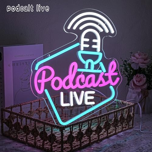 Podcast Live Neon Light Sign Rose White Letter LED Sign Studio Live Neon Light for Wall Decor Podcasters Recording Studios for Beer Bar Streaming Studio Gamer Room Bedroom Man Cave - style: podcast live