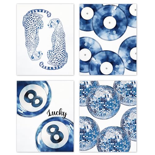 TLESKE Blue Preppy Cheetah Lucky 8 Balls Posters Prints Unframed 8x10 Set of 4, Trendy Disco Balls Wall Art Prints Decor for Teen Girls Dorm Bedroom Living Room, Retro Aesthetic Wall Pictures - color: blue disco, size: 10L" x 8W"