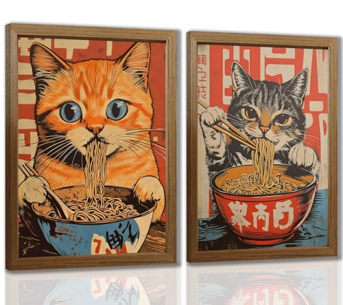 Funny Ramen Cat Wall Art Set of 2 Framed, Asian Style Cat Eating Noodles Wooden Frame Canvas Prints, Ready to Hang Cat Wall Decor for Kitchen Dining Room Living Room, 16x12 Inch - color: chimianmao, size: 16"L x 12"W