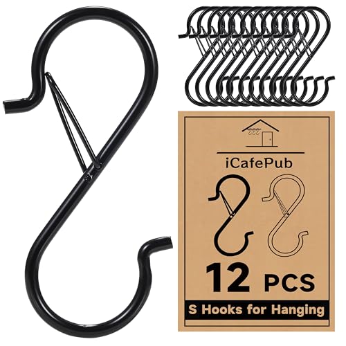 12 PCS S Hooks for Hanging with Safety Buckle | 3.5 inch Heavy Duty Metal S Shaped Hooks for Kitchen Utensil, Cups, Pots, Plants, Bags, Hats (Black) - color: Black