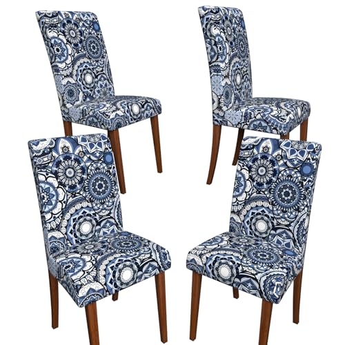 Dining Chair Covers Set of 4, Stretch Spandex Slipcovers with Back, Blue Floral Printed Chair Covers, Soft Elastic Fit Removable Washable Protectors for Kitchen Dining Room - color: A-totem Patterns, size: 4PCS