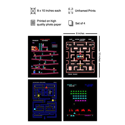 Classic Arcade Games Wall Art Prints - Arcade Decor - 8x10 Set for Man Cave, Den, Family Room, Bar, Bedroom - Gift for Gamers, Video Game, Pacman, Ms Pacman, Donkey Kong, Space Invaders Fans
