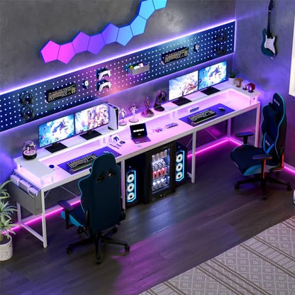 U Shaped Desk with Power Outlet & LED Lights, 79" Reversible Computer Desk with Monitor Stand, Wood Home Office Desks Gaming Desk with Shelving, Side Storage Pockets, White - color: White