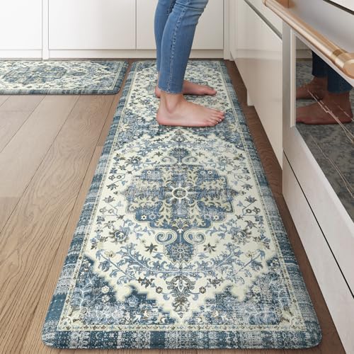 KIMODE Anti Fatigue Kitchen Mat for Floor 17.3"x29"+17.3"x59", Boho Vintage Kitchen Rugs Sets of 2, Cushioned Non Slip Kitchen Mats for Floor, Comfort Kitchen Floor Mat for Sink Laundry Desk Blue - color: Blue/Multi, size: 17.3" x 59"+17.3" x 29"--0.47 in