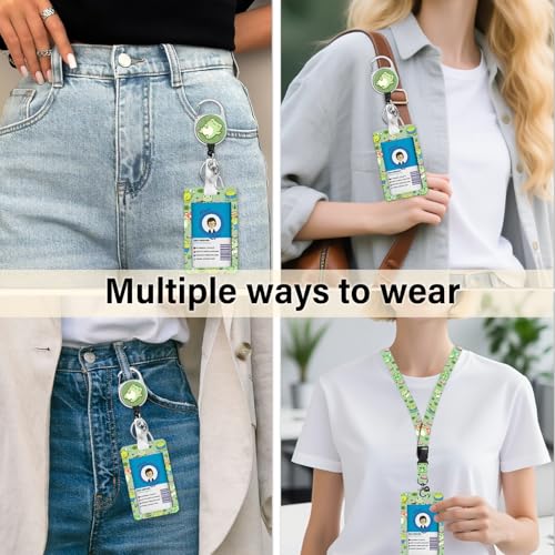 Frog Badge Holder with Lanyard, Cute Frogs ID Badge Holder with Retractable Reel Clip and Keychain for Animal Lover, Vertical Identity Card Cover Case Protector for Women Nurse Teacher - color: Frog-green