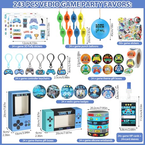243 Pcs Video Game Party Favors for 24 Kids Gamer Goodie Bag Stuffers for Boys Gaming Birthday Party Supplies with Gift Boxes, VIP Pass, Balloons, Bracelets, Keychains, Badges, 3D Stickers - color: Blue