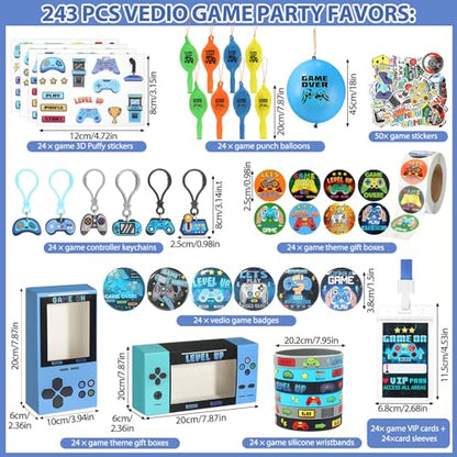 243 Pcs Video Game Party Favors for 24 Kids Gamer Goodie Bag Stuffers for Boys Gaming Birthday Party Supplies with Gift Boxes, VIP Pass, Balloons, Bracelets, Keychains, Badges, 3D Stickers - color: Blue