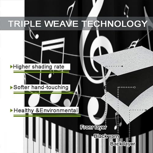 Music Notes Curtain, Black White Musical Notes Piano Key Musical Instruments Modern Romantic Art Window Drapes for Bedroom Living Room 42" W X 45" L(No Blackout) - color: Musical-7, size: 20.5"W x 45"L (Pack of 2)