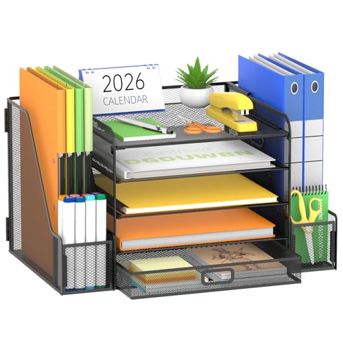 SUPEASY Mesh Desk Organizer with File Holder, 5-Tier Paper Letter Tray Organizer with Magazine Holder, Desktop Organizer and Storage with Drawer for Office Supplies Home or School (Black) - color: Black