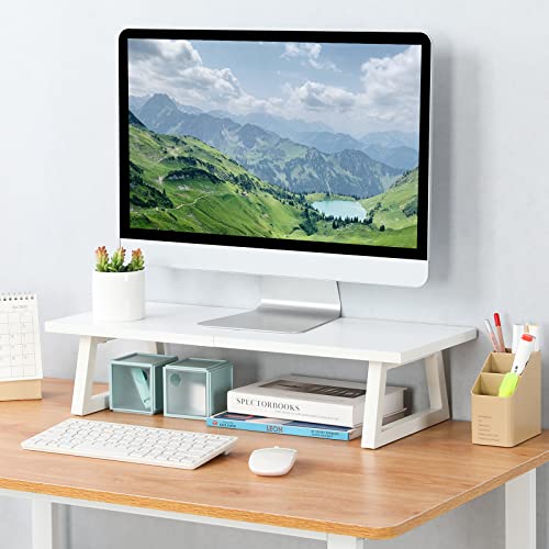 TEAMIX 24 inch Monitor Stand Riser, White Wood & Steel Computer Monitor Stand with Storage, Laptop, PC, Printer Stand Riser for Desktop Office Desk Organizers - color: White