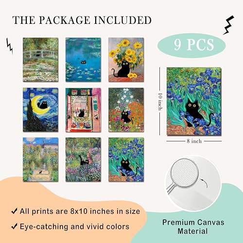 Kizbok Funny Black Cat Poster Set of 9, Vintage Monet Matisse Van Gogh Black Cat Wall Art Prints, Retro Black Cats in Famous Paintings Posters Prints, Cute Colorful Cats Aesthetic Pictures Wall Decor for Bathroom Bedroom Dorm Home Decor (8x10 UNFRAMED) -
