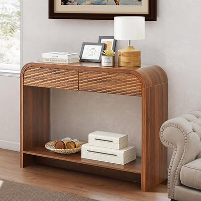 Curved Console Table Arch with Storage, Narrow Entryway Table with Drawers, 43.3'' Couch Table Behind Sofa Long and Skinny for Living Room TV, Hallway Entrance Foyer, Mid Century Farmhouse Rattan