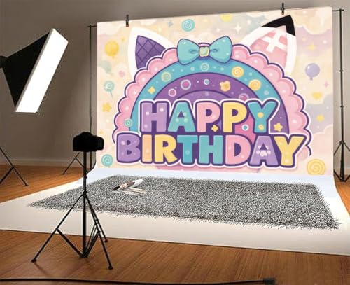 7x5ft Cat Happy Birthday Backdrop Cute Cartoon Cat Theme Photography Background for Children Kids Birthday Party Decorations Banner Photo Booth Props - color: Purple, size: 7X5FT