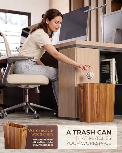 BLUEWEST 2.6 Gallon Acacia Wooden Bathroom Trash Can, Small Wastebasket with Handle, Decorative Wood Bin for Bedroom, Office or Under Counter Use