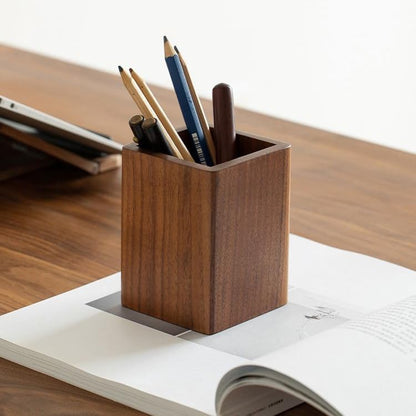 Wooden Pen Holder for Desk, Multi-Functional Pen Cup Pencil Holder for Office School Supplies Storage, Black Walnut Desk Organizer and Accessories（Square） - style: Square