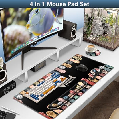Canjoy Cute Cat Paws Mouse Pad Set, 4-in-1 XXL Large Mouse Pad + Keyboard Wrist Rest Support+ Coaster, (35.4×15.7 in) Extended Desk Pad Memory Foam Non-Slip Desk Mat for Home Office - color: Cat Paws